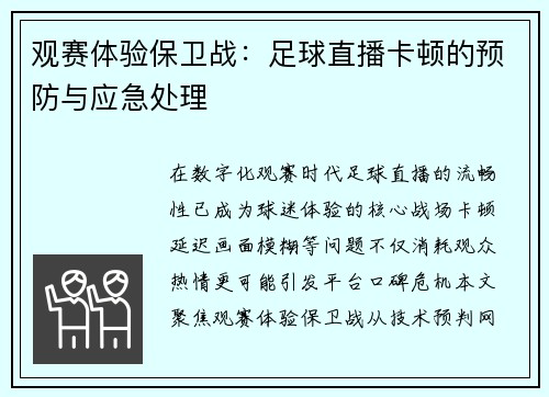 观赛体验保卫战：足球直播卡顿的预防与应急处理