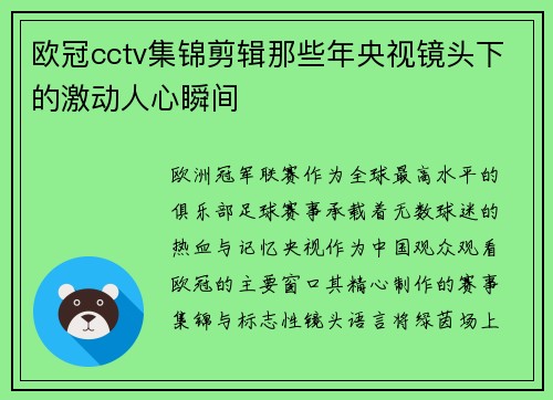 欧冠cctv集锦剪辑那些年央视镜头下的激动人心瞬间